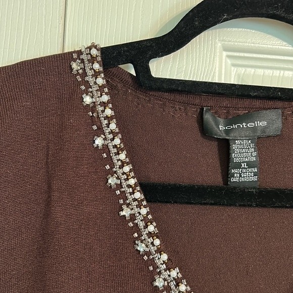 POINTELLE Size X-Large Silk Blend Brown Beaded V-Neck Lightweight Sweater - Picture 2 of 6